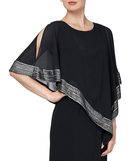 Ignite Evenings Asymmetrical 3/4 Capelet Cold Shoulder Sleeve Round Neck Metallic Trim Popover Dress Product Image
