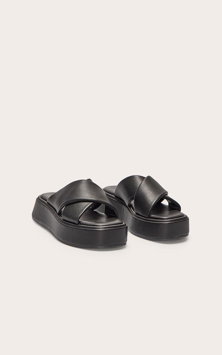 Black Pu Round Toe Cross Strap Flatform Sandals Product Image