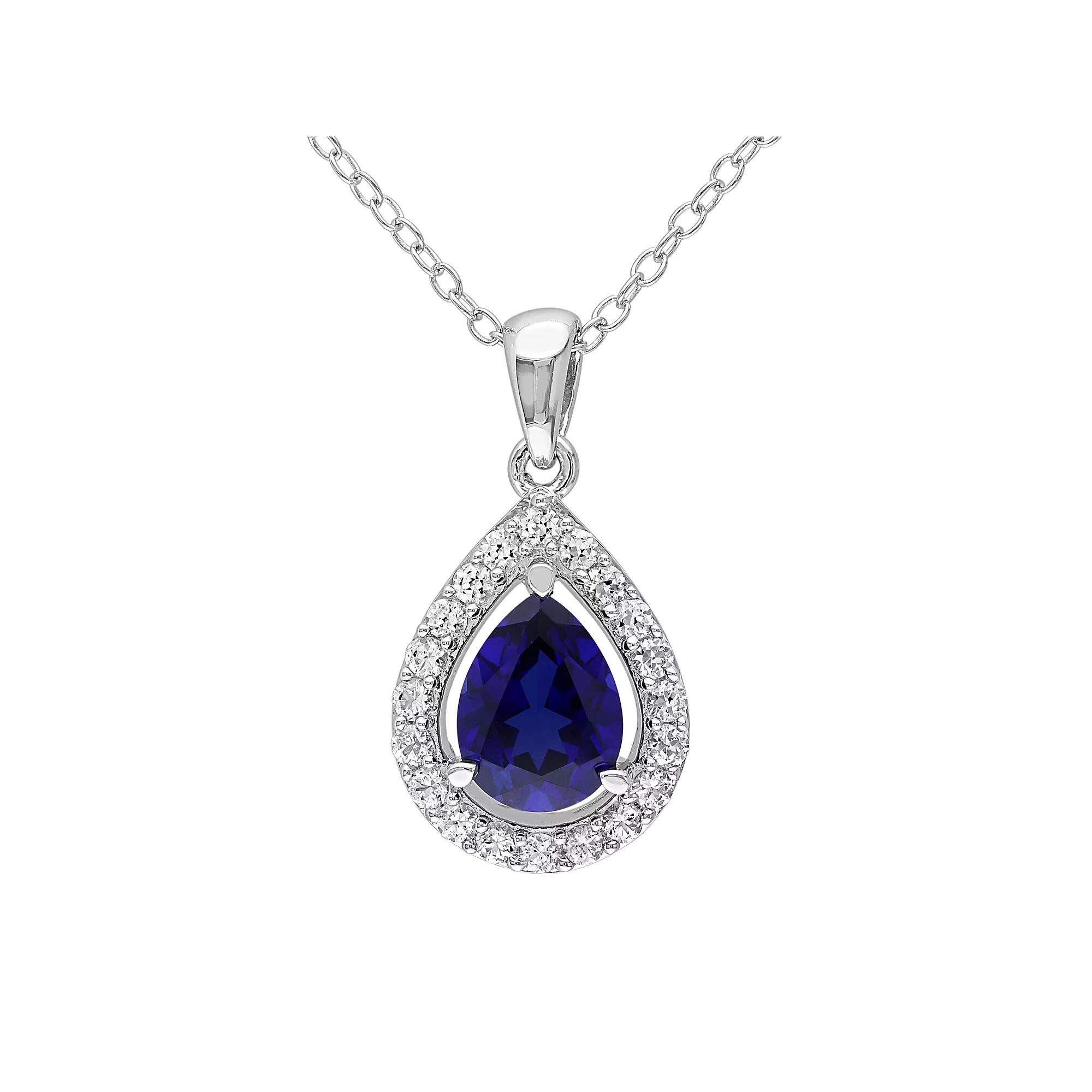 Stella Grace Lab-Created Blue Sapphire & Lab-Created White Sapphire Sterling Silver Teardrop Halo Pendant Necklace, Women's,  Product Image