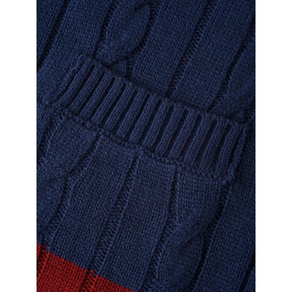 Plus Size Contrast Striped Patch Pocket Cable Knit Cardigan Indigo Women Playful Loose Long Sleeve Casual Cardigans BloomChic 30/6X Product Image