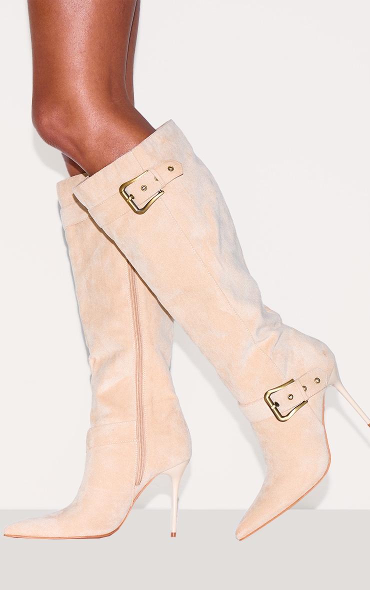 Stone Faux Suede Knee High Point Toe Buckle High Stiletto Knee High Boots Product Image