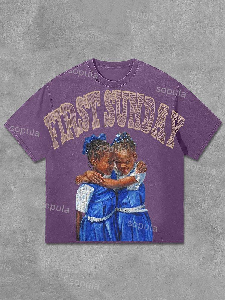 Sopula Retro First Sunday Faith Graphic Print Acid Washed T-Shirt Product Image