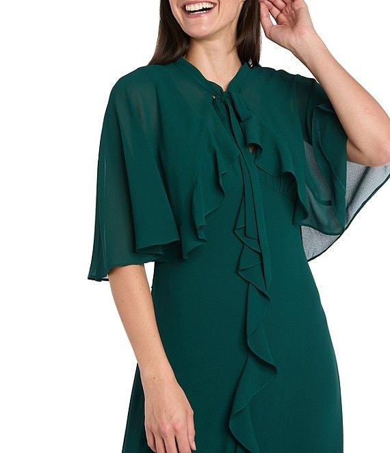 R & M Richards Crepe Chiffon 2-Piece Short Sleeve Capelet Ruffle Gown Product Image