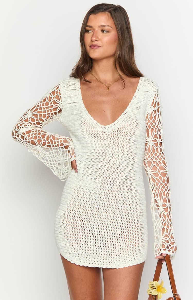 Amlee White Crochet Long Sleeve Mini Dress Product Image