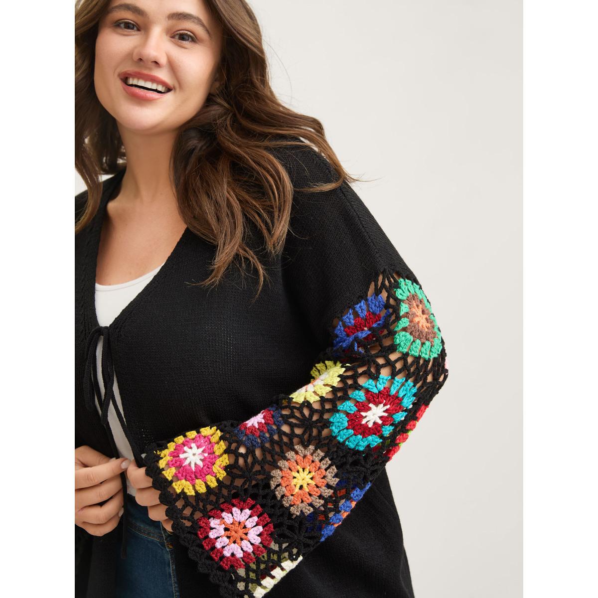 Plus Size Crochet Floral Tie Cut-Out Cardigan Black Women Playful Loose Long Sleeve Casual Cardigans BloomChic 18-20/2X Product Image