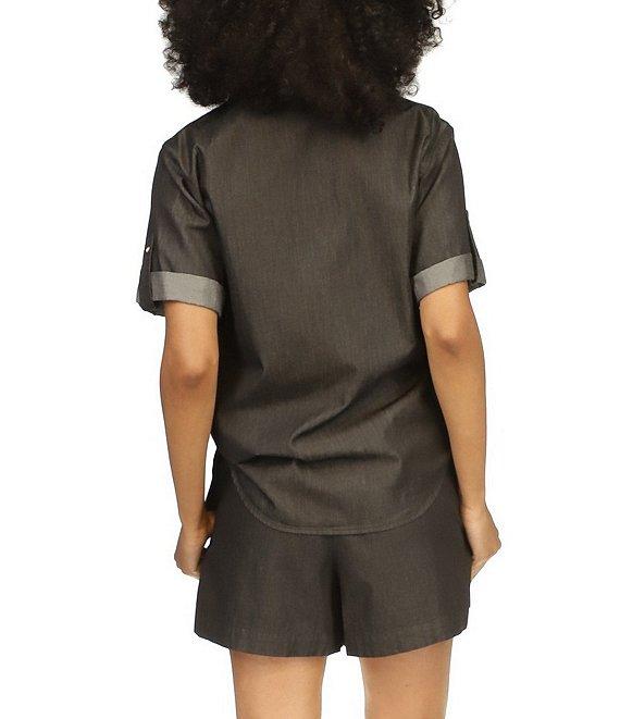 Michael Kors Cotton Chambray Collared Neckline Short Sleeve Top Product Image