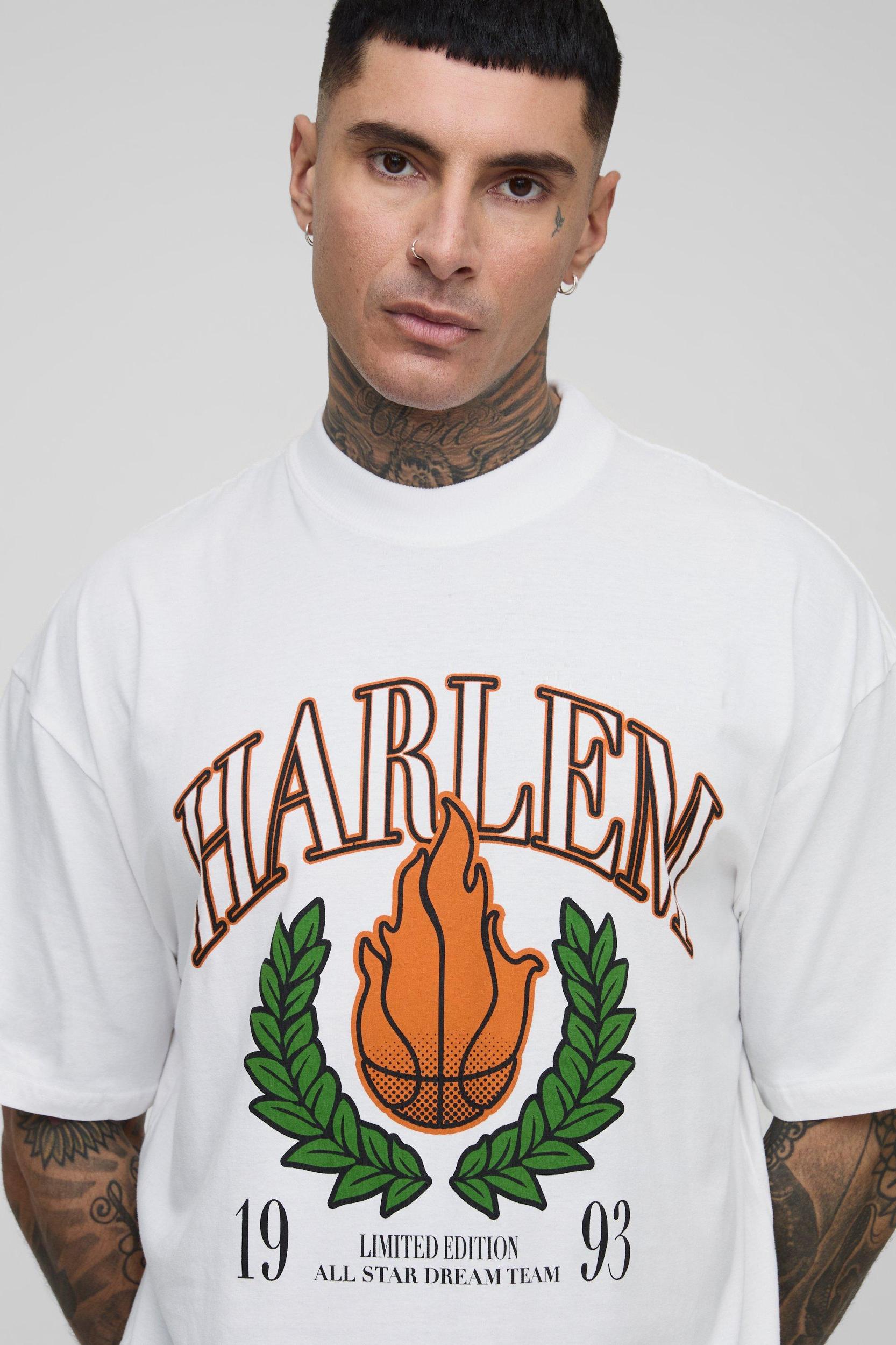 Tall Oversized Extended Neck Harlem Varsity Print T-Shirt | boohooMAN USA Product Image