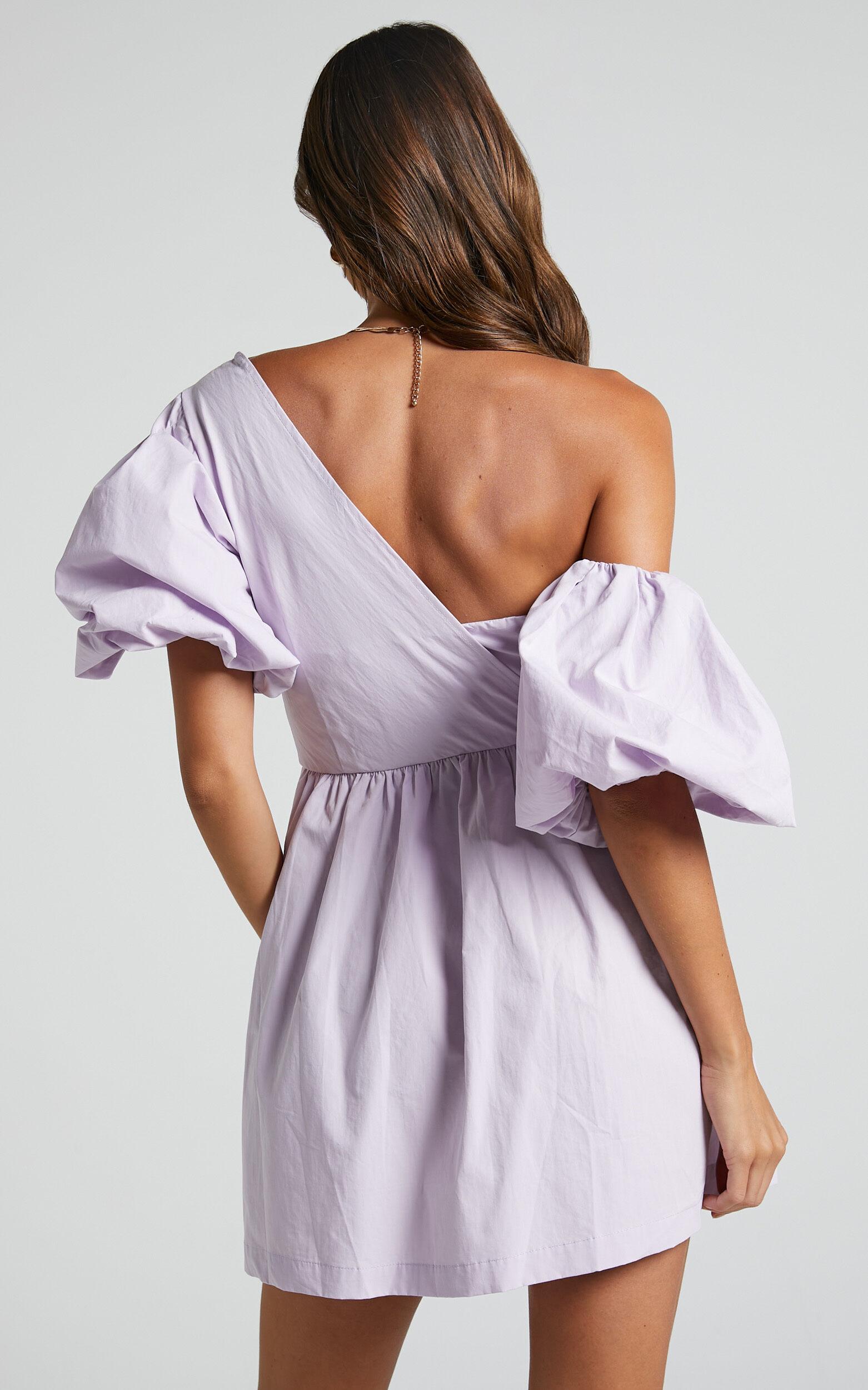 Sula Mini Dress - Asymmetric Off One Shoulder Puff Sleeve Dress in Lilac Product Image
