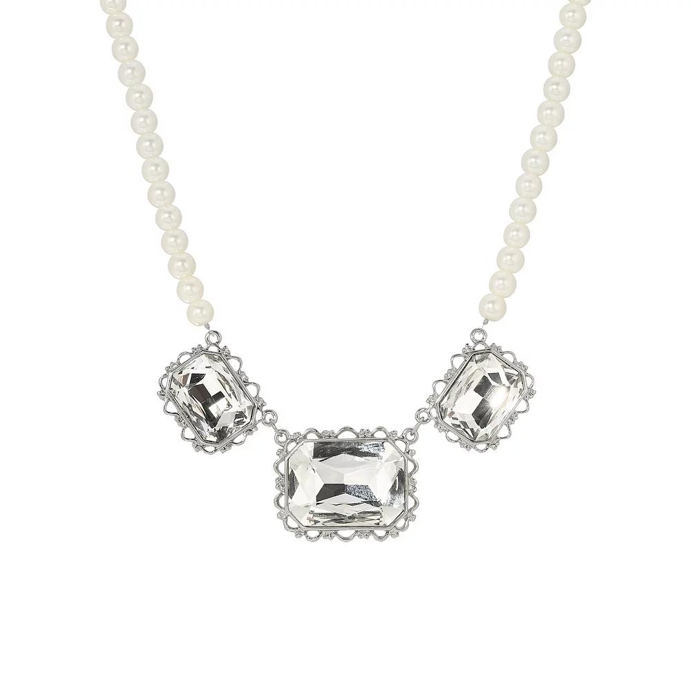 1928 Faux Pearl Faceted Glass Collar Necklace, Women's, White Silver Product Image