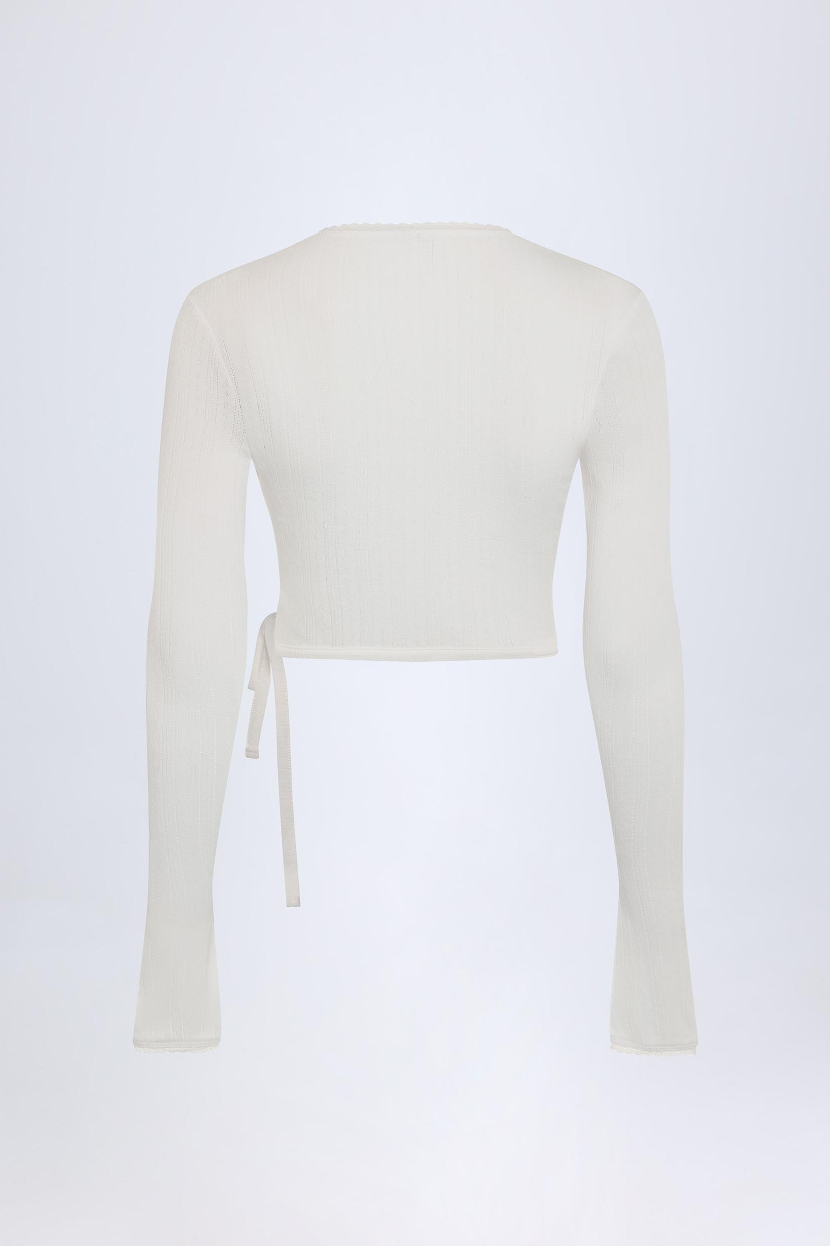 Pointelle Wrap Crop Top in White Product Image