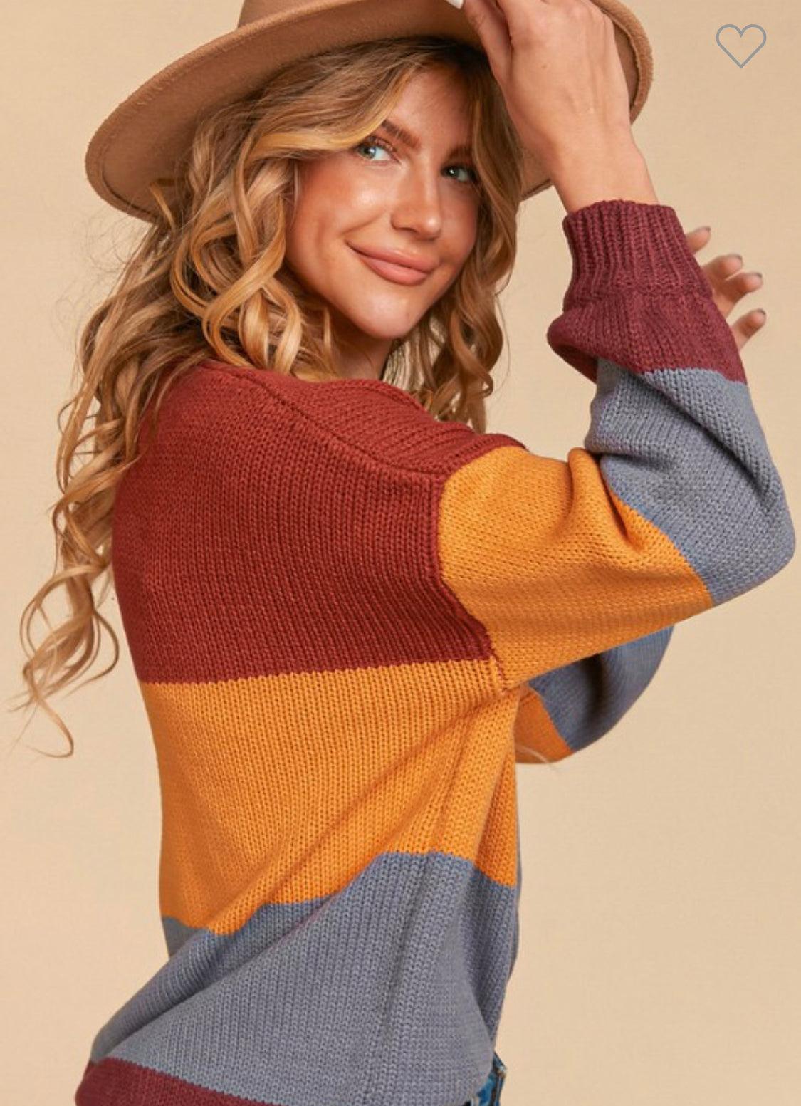 2539   Alicia Round Neck Color Block Bubble Sleeve Loose Fit Sweater Product Image