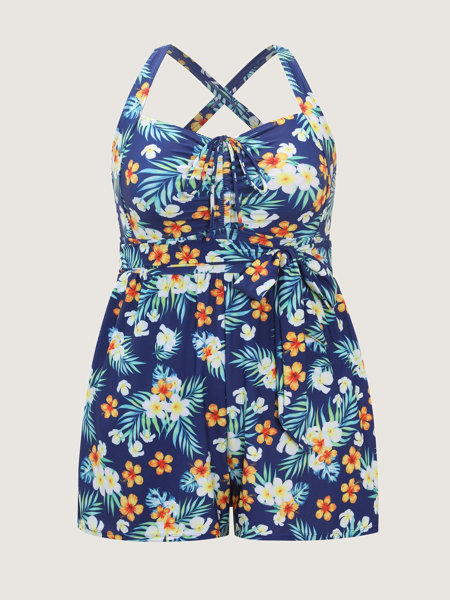 Breezy Tropical Print Drawstring One-Piece Swimsuit Female Product Image