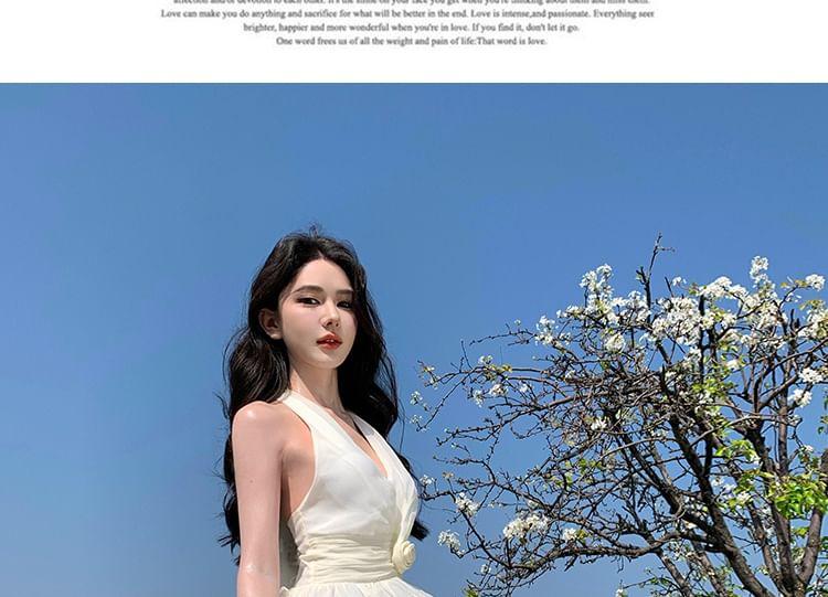 Halter-Neck Plain Ruffled Floral Midi A-Line Dress Product Image