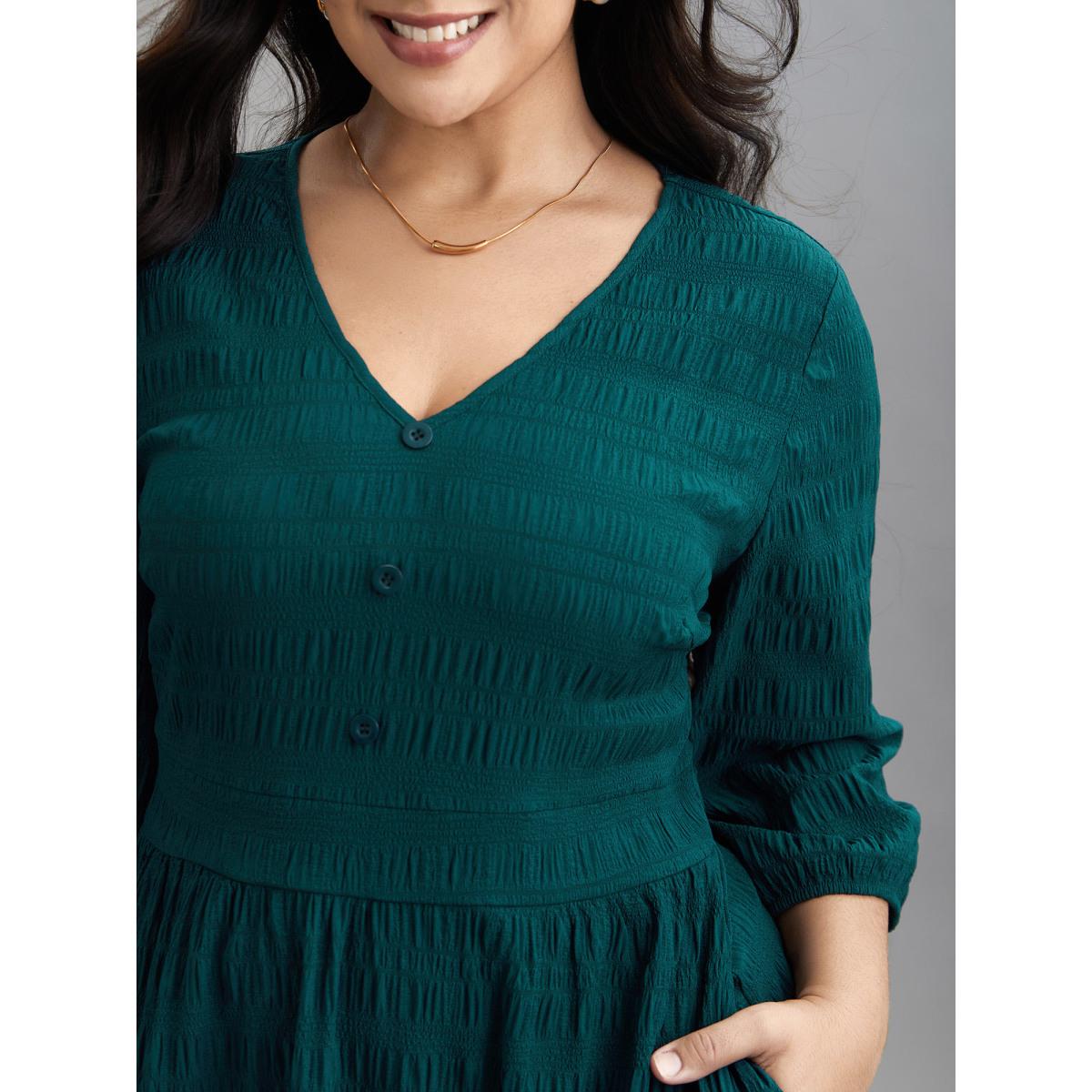 Plus Size Textured Waist-Defined Button Midi Dress Emerald Women Elegant Texture V-neck Elbow-length sleeve Curvy BloomChic 18-20/2X Product Image