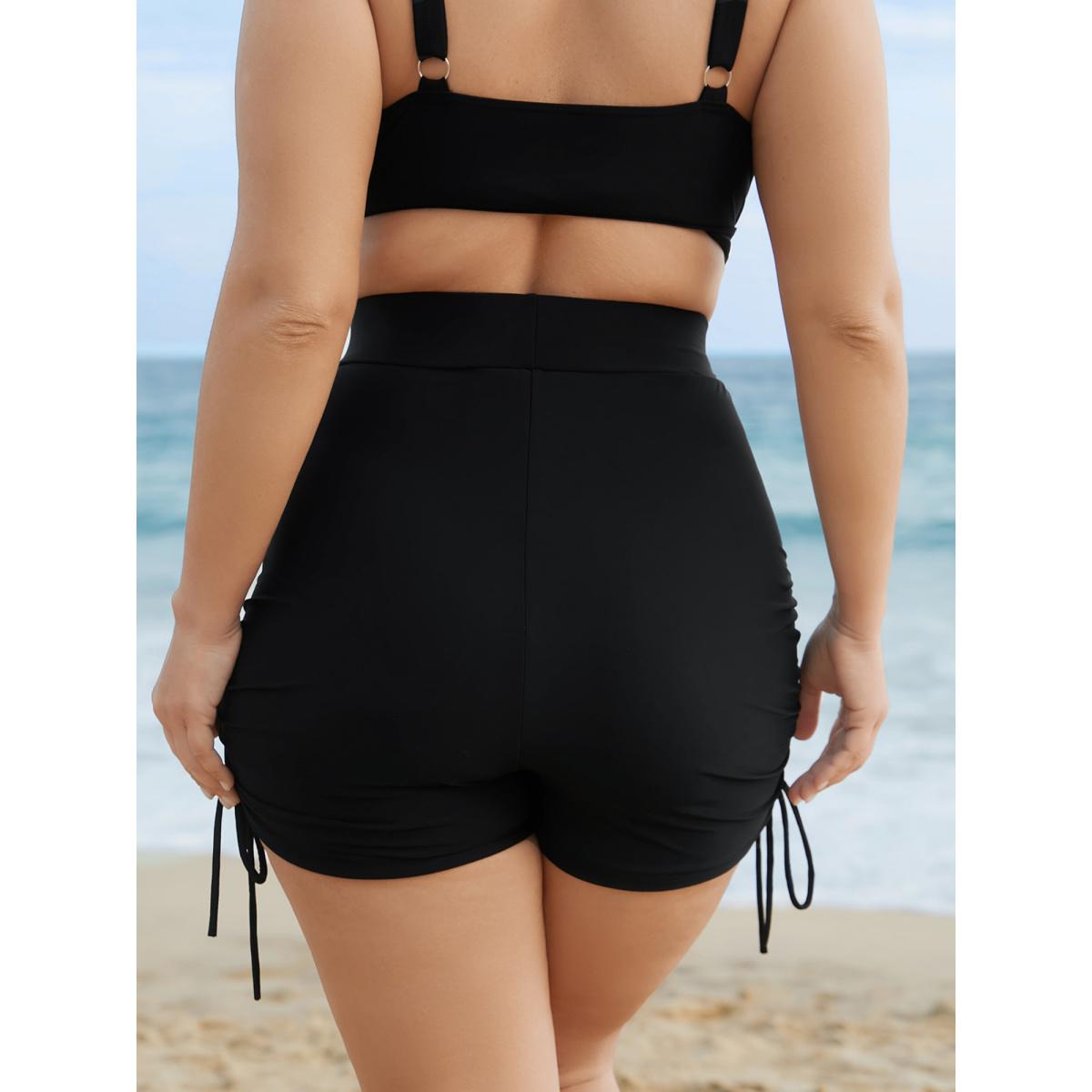 Plus Size Ruched Drawstring Pocket Slim Swim Bottom Women's Swimwear Black Resort Gathered High stretch Skinny High Rise Slanted pocket Curve Swim Bottoms BloomChic 12/L Product Image