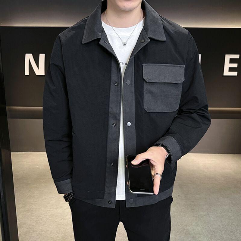 Collared Two Tone Button-Up Denim Jacket Product Image