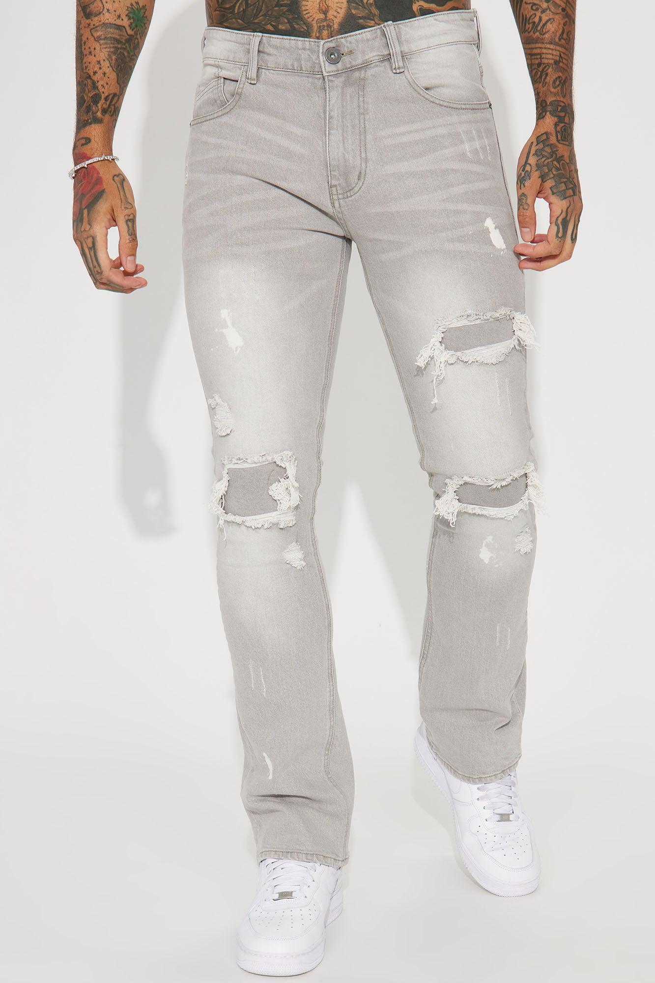 Ripped Stacked Skinny Flare Jeans - Grey Product Image