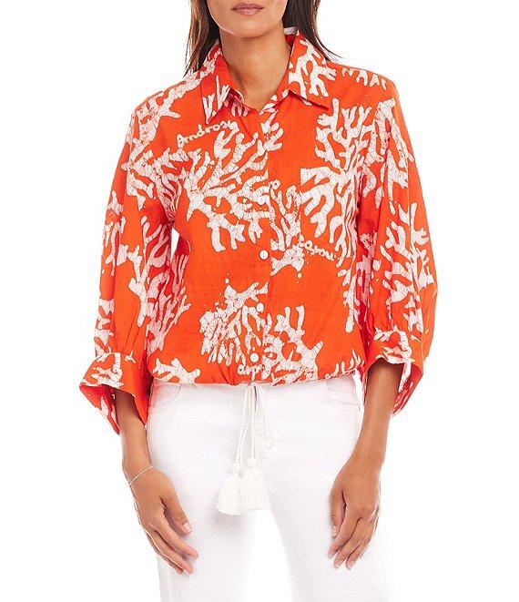 Karen Kane Coral Reef Print Spread Collar 3/4 Blouson Sleeve Tassel-Tie-Waist Button-Front Top Product Image