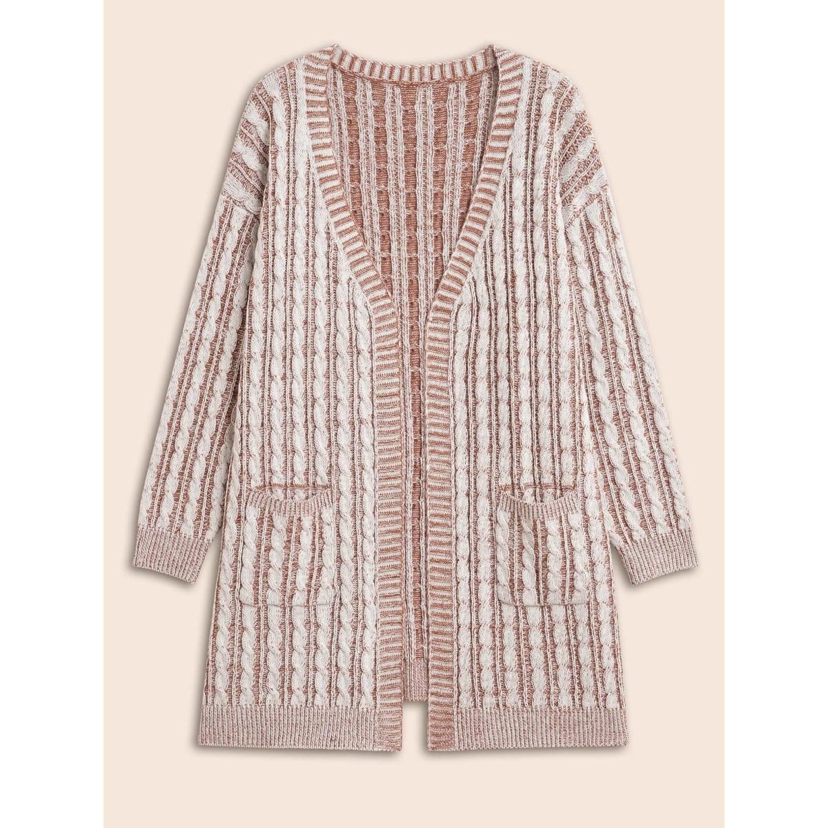 Plus Size Texture Cable Knit Patch Pocket Cardigan Browncoffeecolor Women Casual Loose Long Sleeve Everyday Cardigans BloomChic 30/6X Product Image