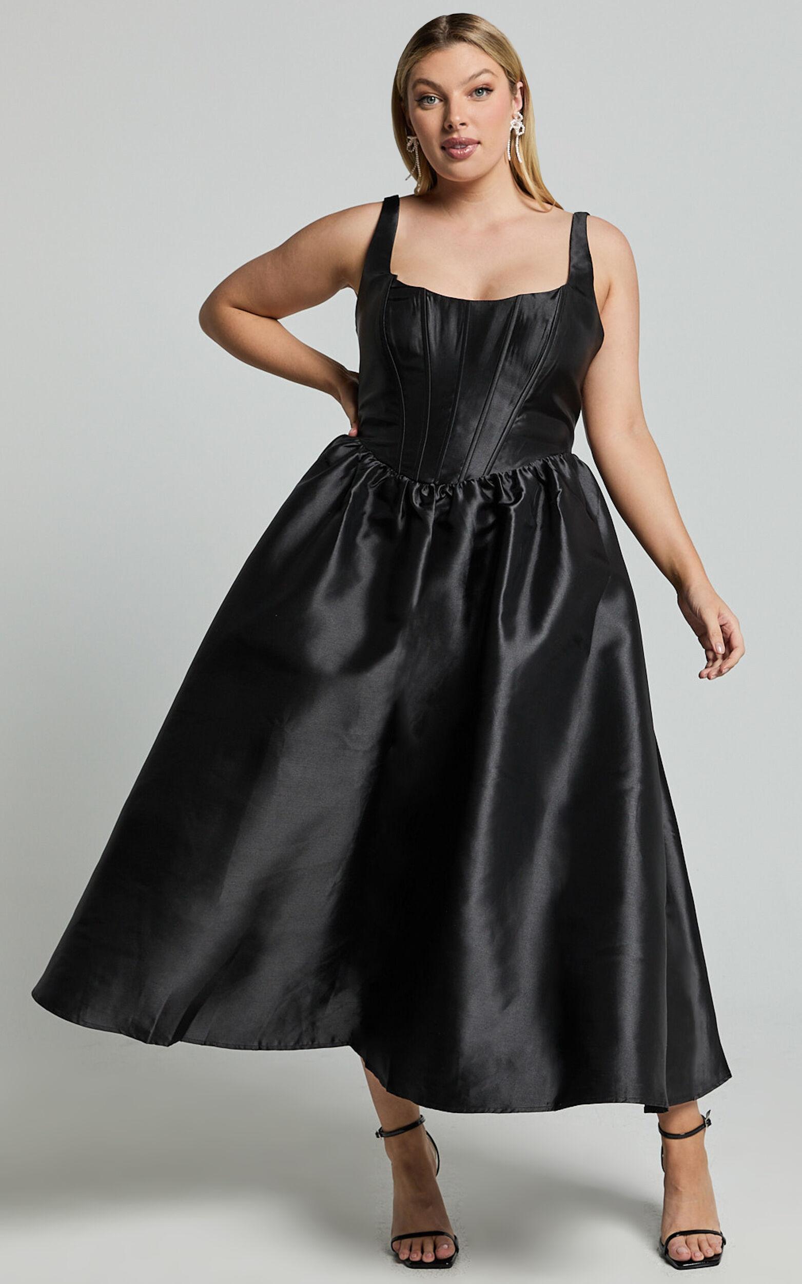 Courtney Midi Dress - Corset Panel Low Back Dress in Black Product Image