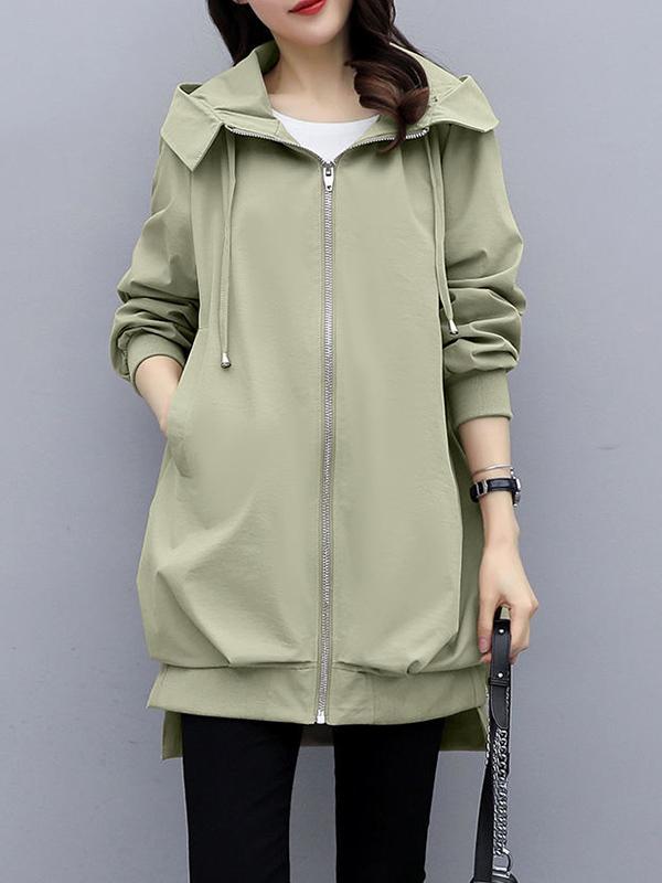 Casual Loose 4 Colors Pleated Zipper Hooded Long Sleeves Outwear Product Image