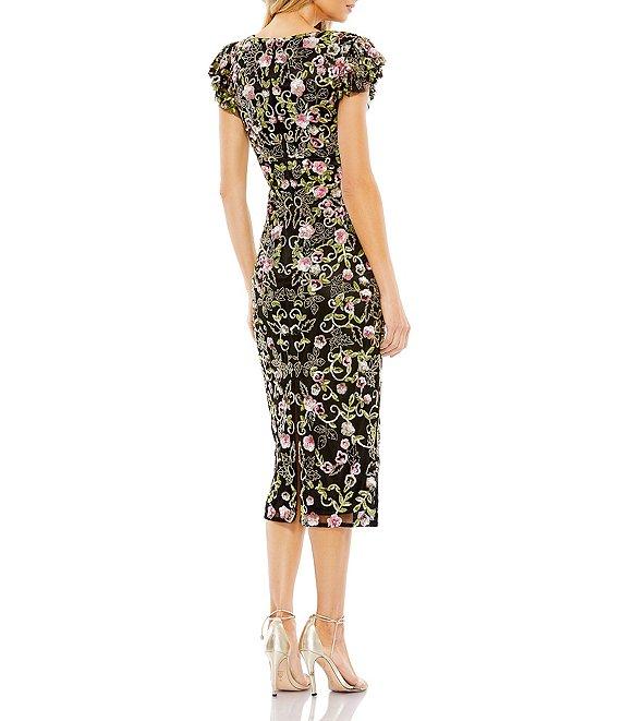 Mac Duggal Sequin Embroidered Surplice V-Neck Flutter Cap Sleeve Midi Sheath Dress Product Image