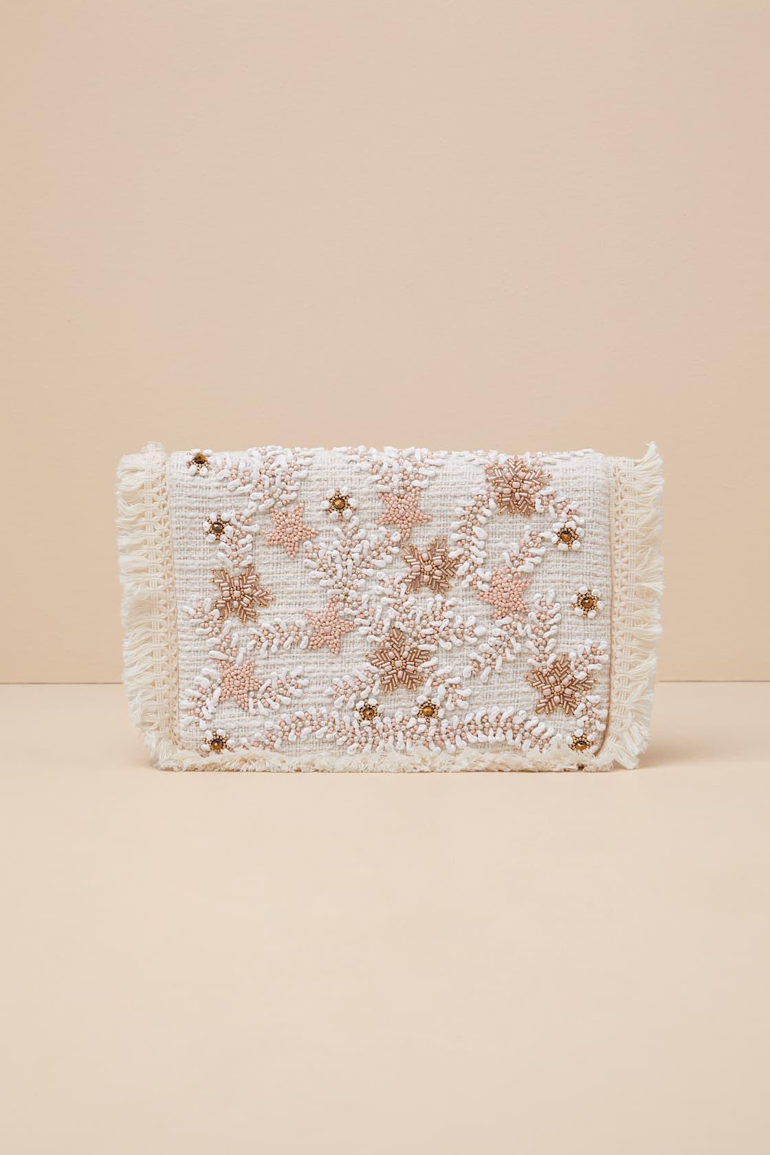 Sabriyya Cream Tweed Beaded Fringe Clutch Product Image