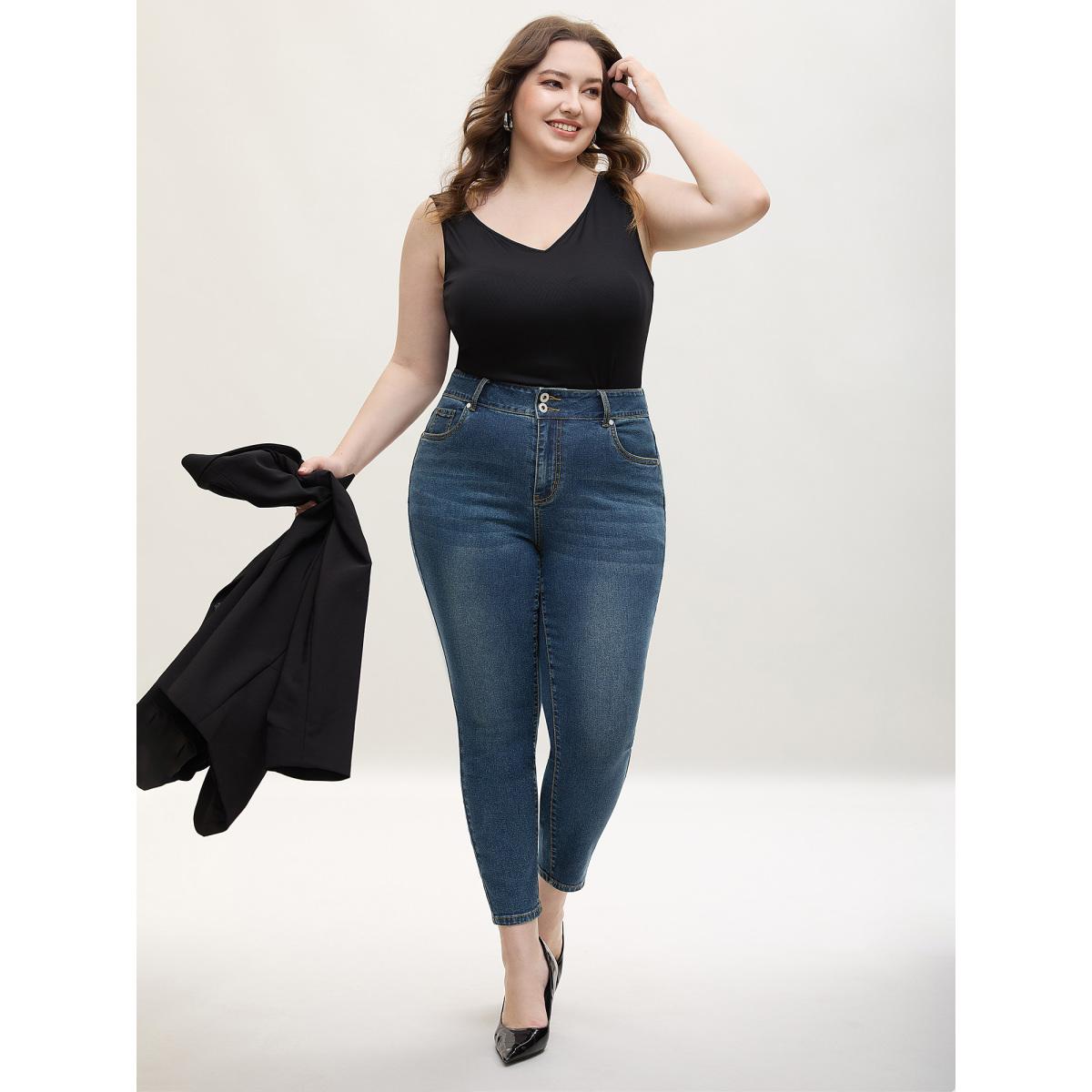 Plus Size Whiskered Wash Mid-Rise Skinny-Fit Jeans Women Denimblue Casual Non High stretch Slanted pocket Jeans BloomChic 22/3X Product Image