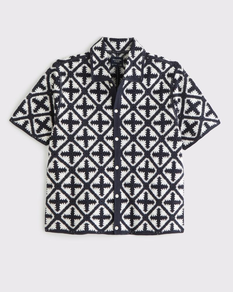 Crochet-Style Border Stripe Button-Through Sweater Polo Product Image