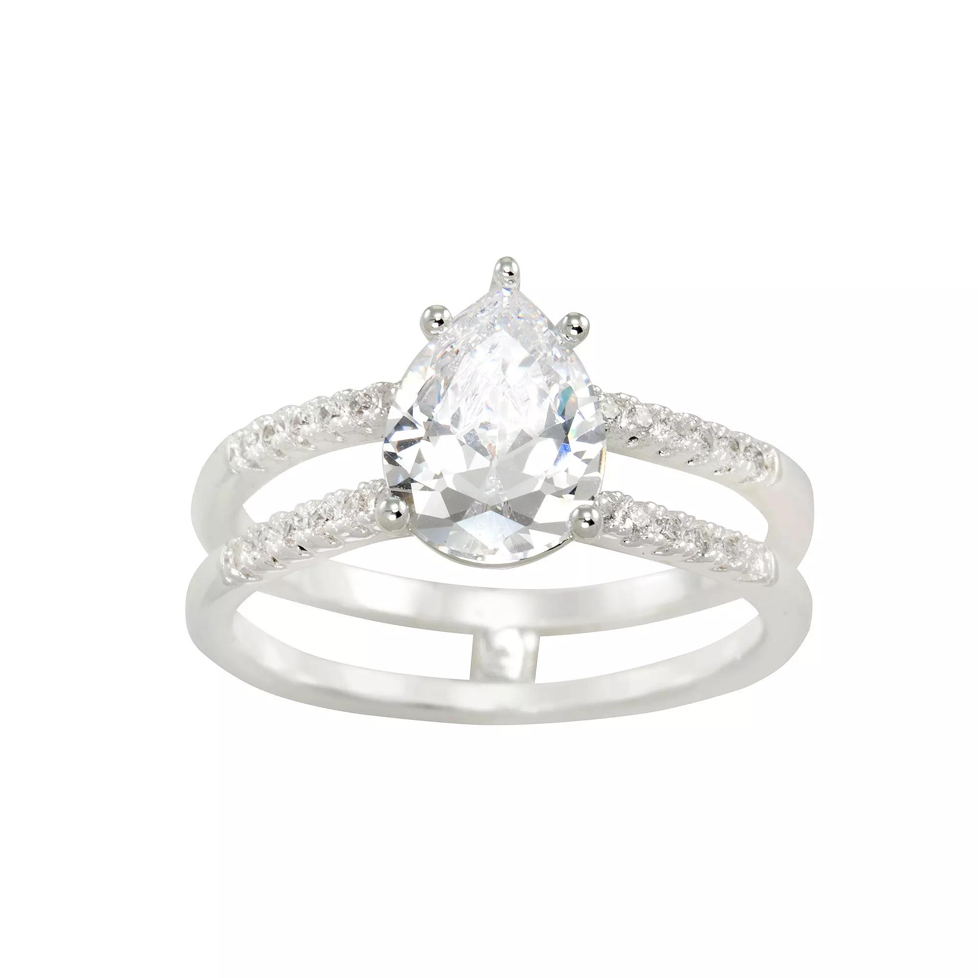 City Luxe Silver Tone Split Shank Cubic Zirconia Teardrop Ring, Women's, Size: 9, Silver Tone Clear Product Image
