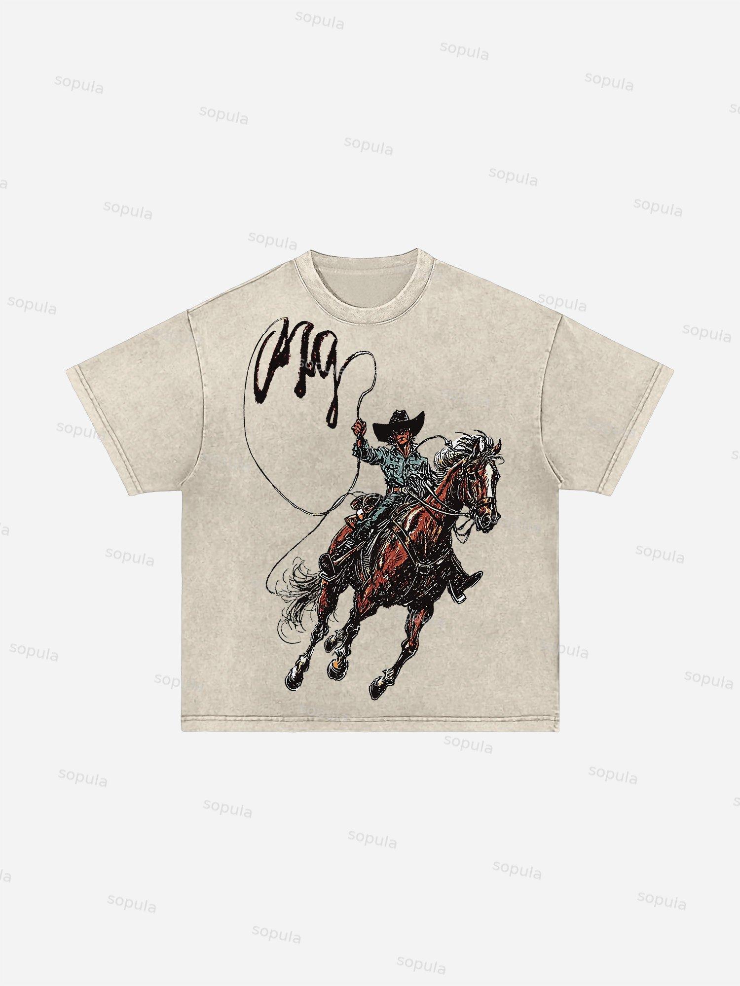 Men's Vintage Western Cowboy Graphic Acid Wash T-shirt Product Image