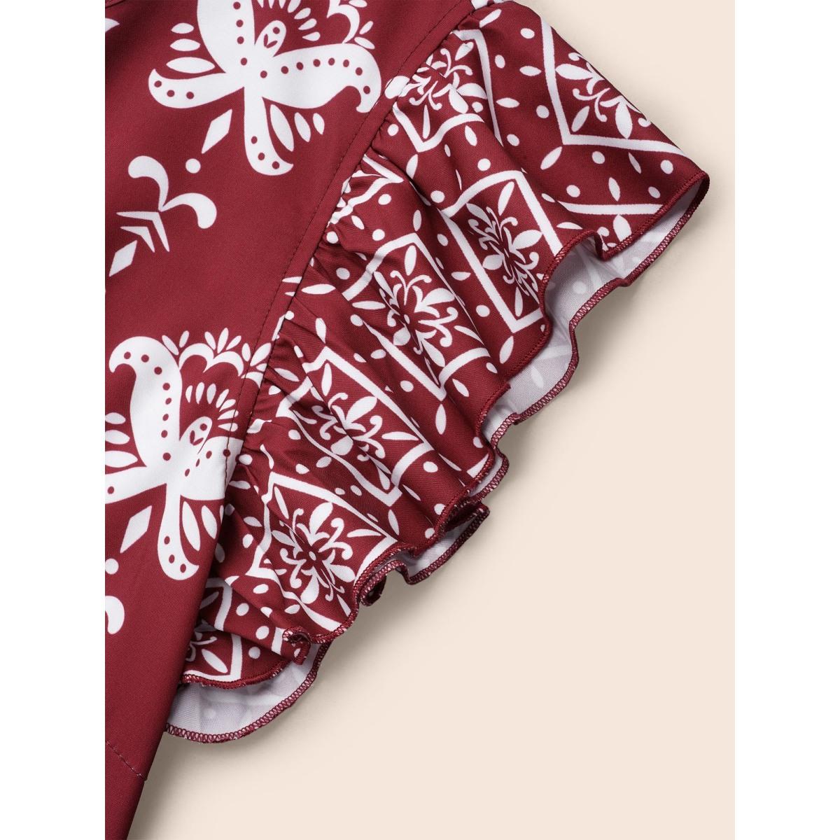 Plus Size Boho Print Stretchy-Waist Ruffled Midi Dress Russet Women Resort Shirred Round Neck Cap Sleeve Curvy BloomChic 26/4X Product Image