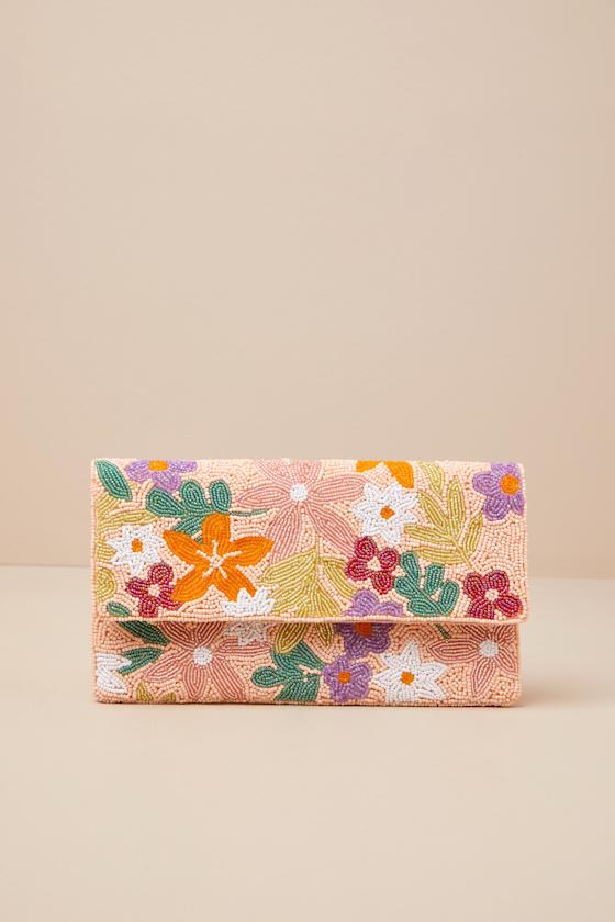 Lisanne Peach Multi Floral Beaded Clutch Product Image