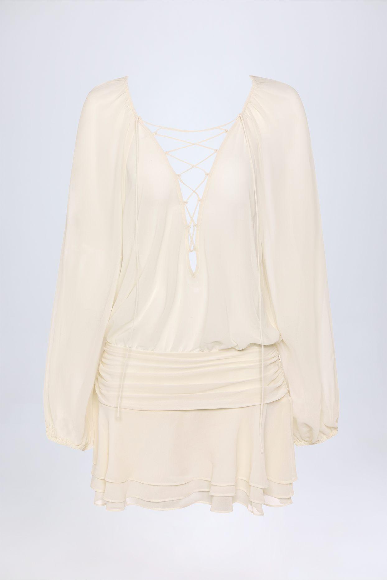 Lace-Up Balloon-Sleeve Mini Dress in Ivory Product Image