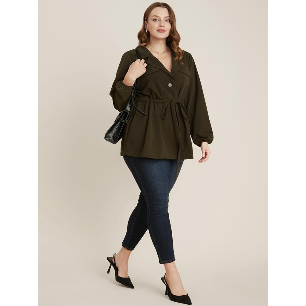 Plus Size ArmyGreen Solid Suit Collar Lantern Sleeve Button Up Drawstring Blouse Women Office Long Sleeve Suit Collar Office Blouses BloomChic 30/6X Product Image