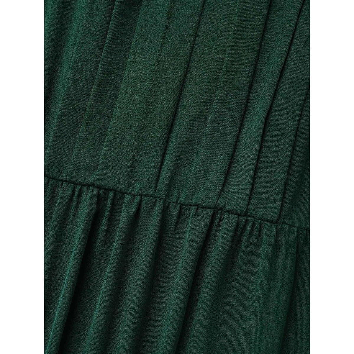 Plus Size Plain Notched Pleated Midi Dress DarkGreen Women At the Office Pleated Flat collar Long Sleeve Curvy BloomChic 14-16/1X Product Image