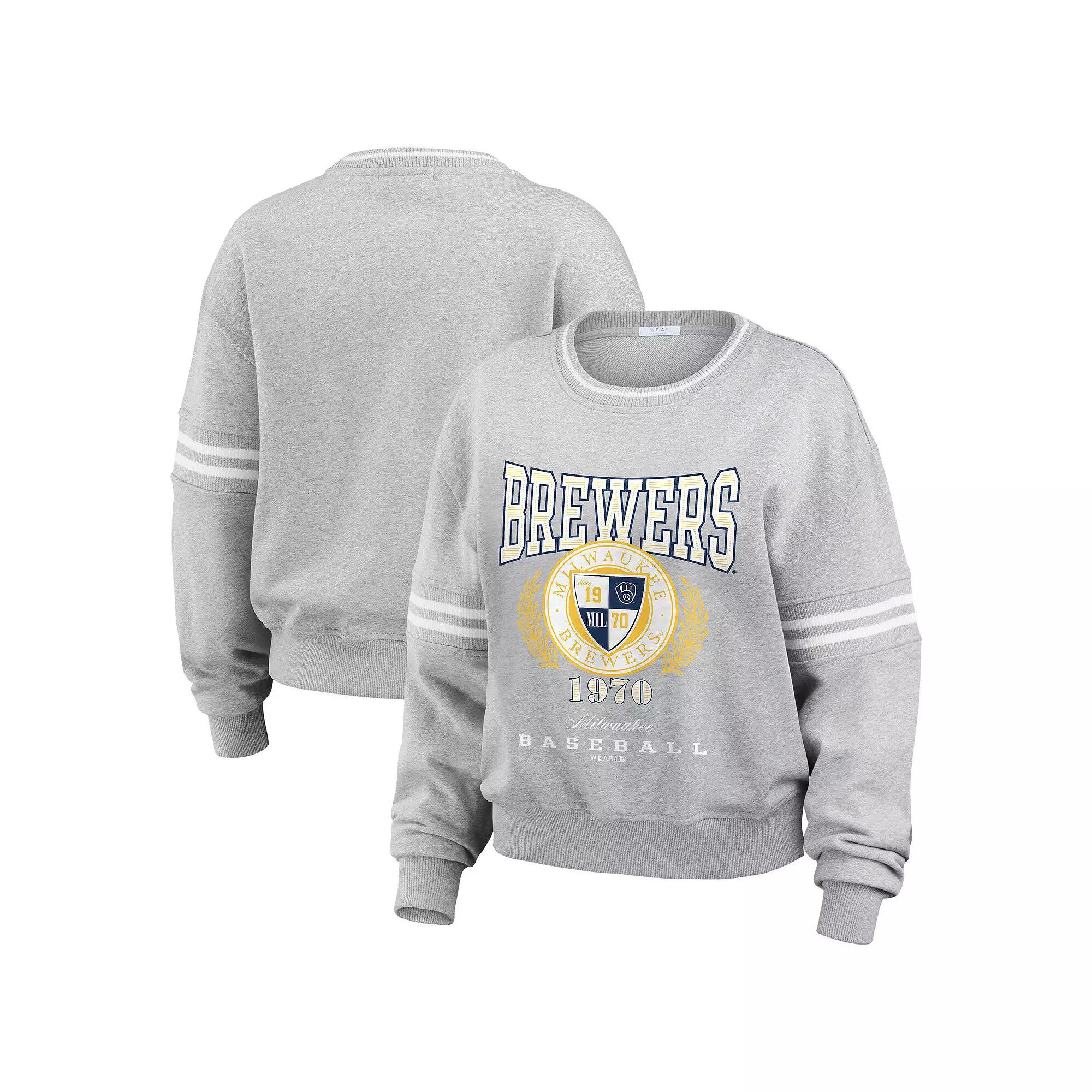 Women's WEAR by Erin Andrews Heather Gray Milwaukee Brewers Domestic Crest Pullover Sweatshirt, Size: Medium, Grey Product Image