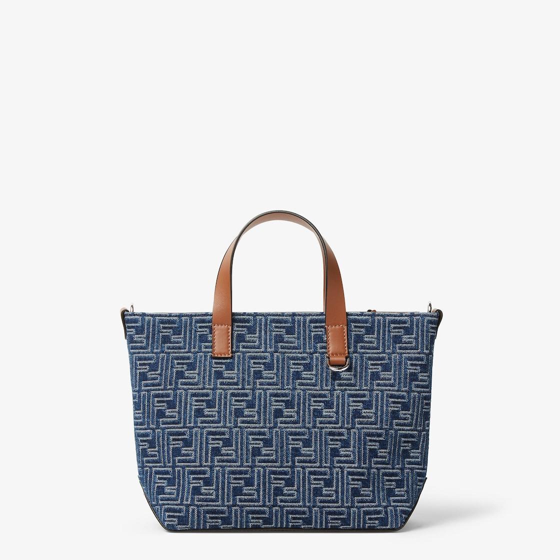 FF Shopping Bag SmallBlue denim-effect FF Jacquard and brown leather bag Product Image