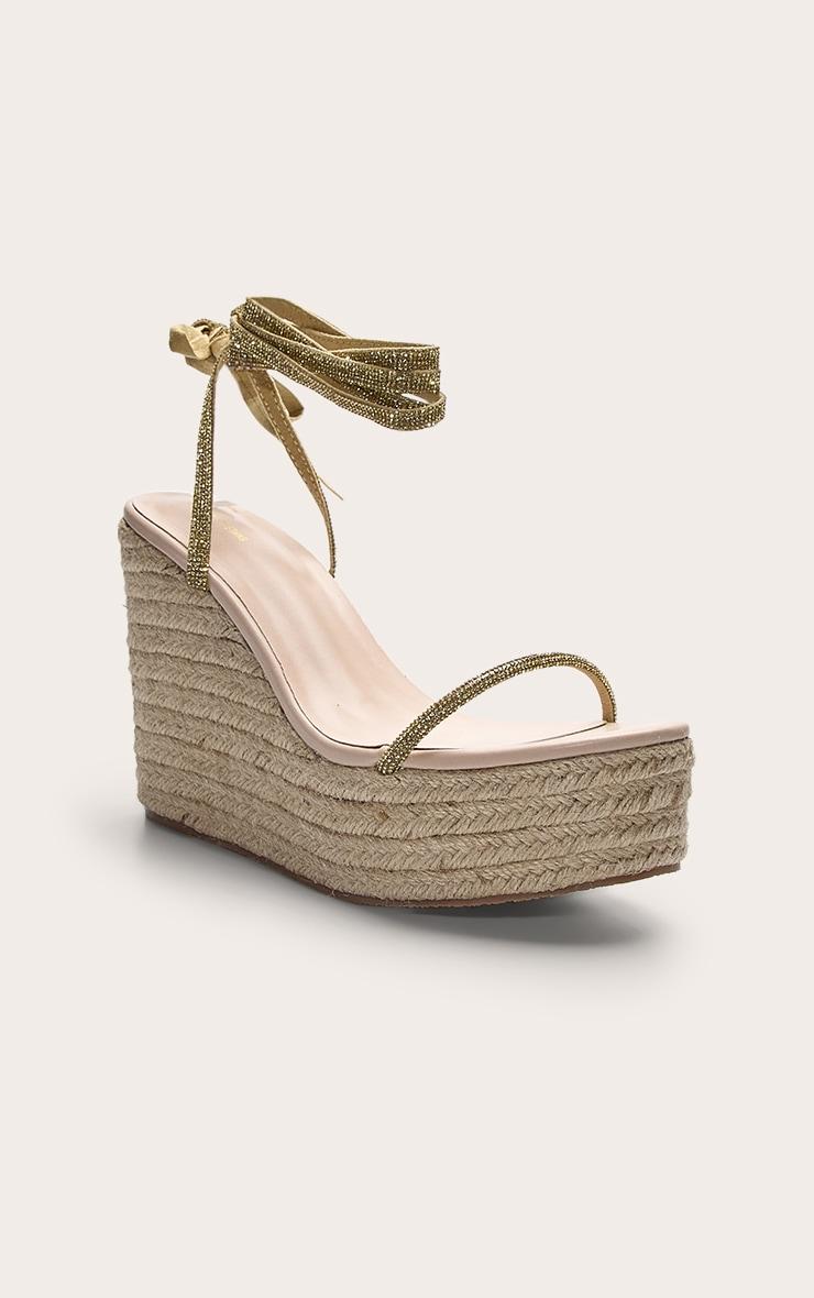 Gold Pu Round Toe Diamante Strappy Heeled Wedges Product Image