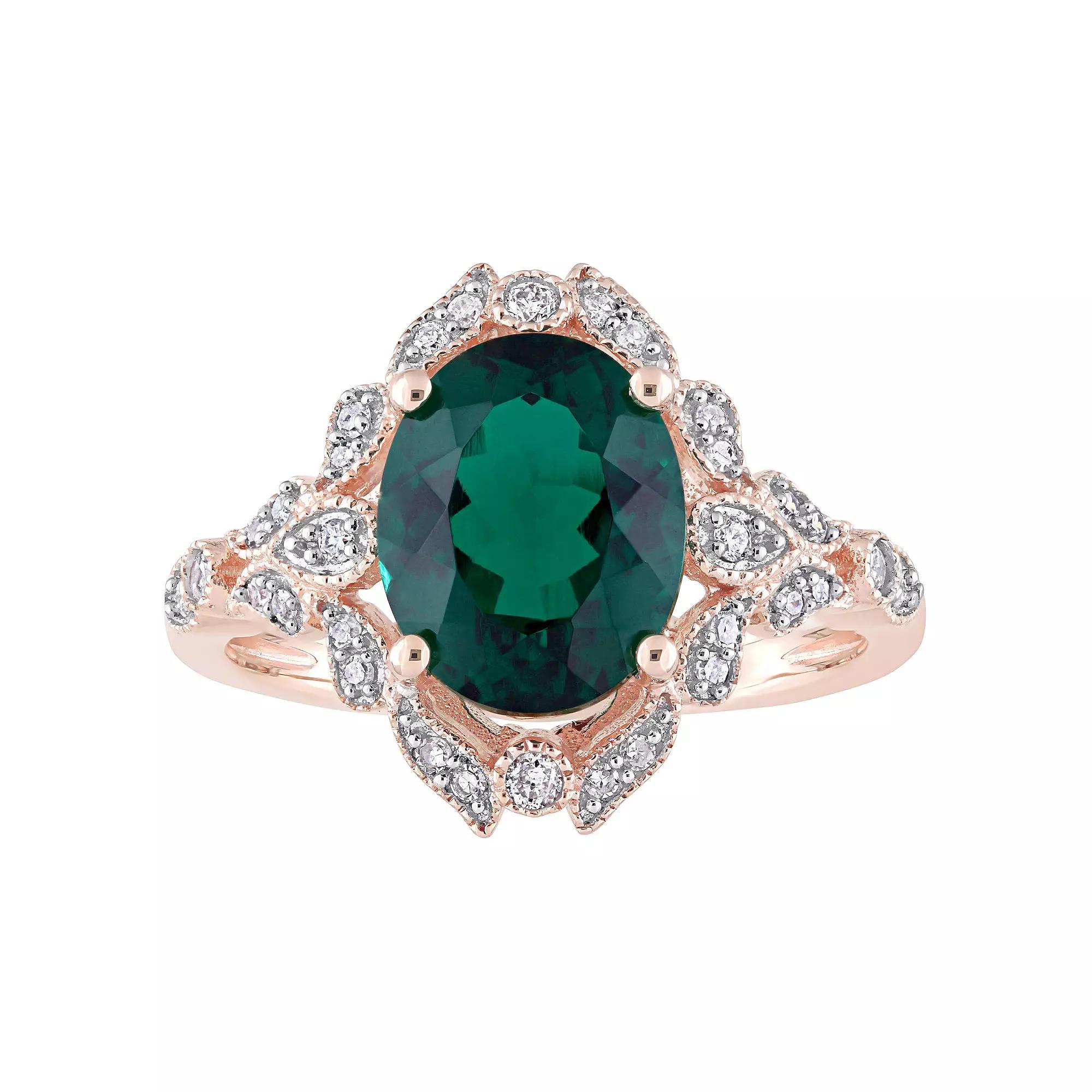 Stella Grace 10k Rose Gold Lab-Created Emerald & 1/5 Carat T.W Diamond Vintage Cocktail Ring, Women's, Size: 8.50 Product Image