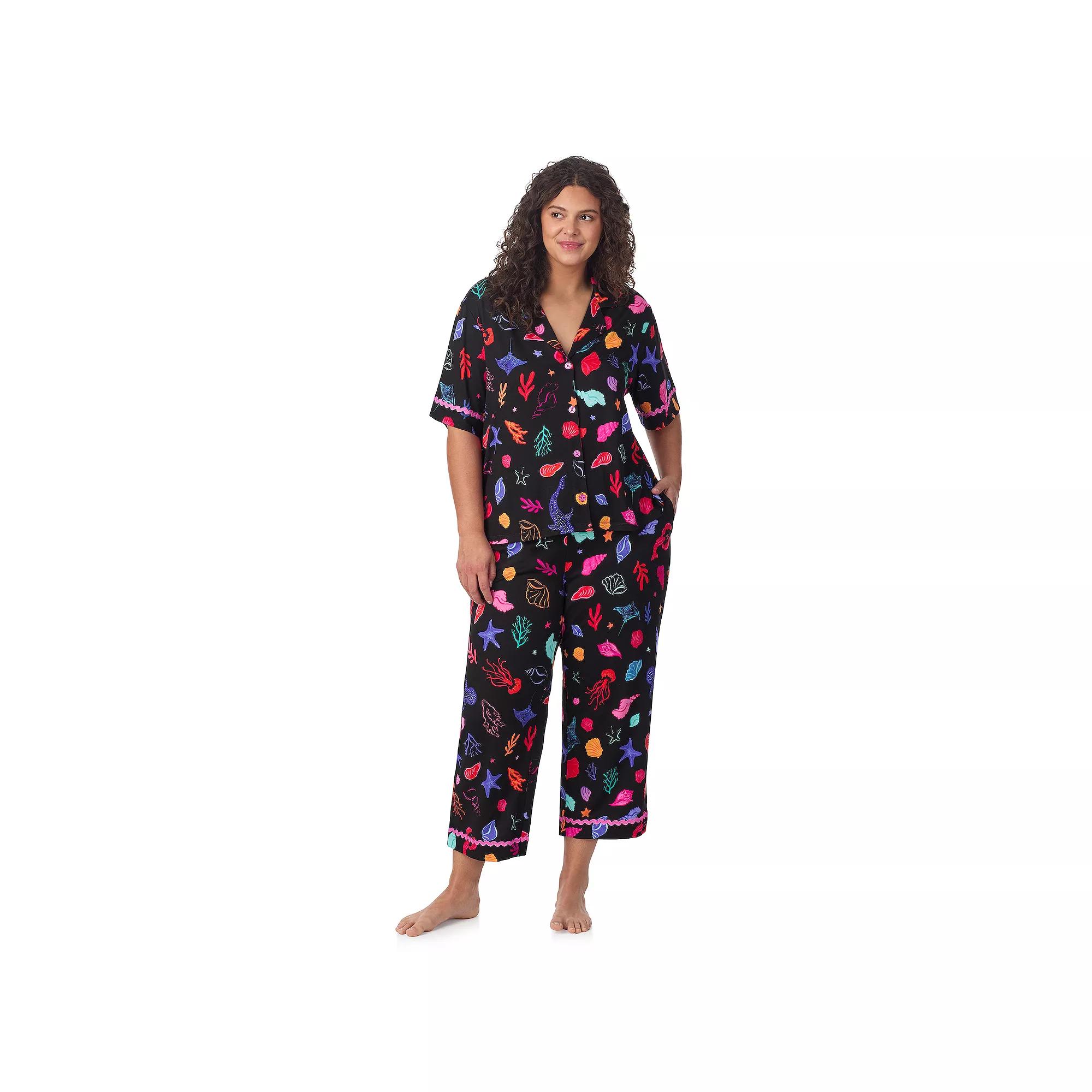 Plus Size Beauty Sleep Social 2-Piece Cozy Notch Pajama Top & Cropped Pajama Pants Set, Women's, Size: 2XL, Aloha Product Image