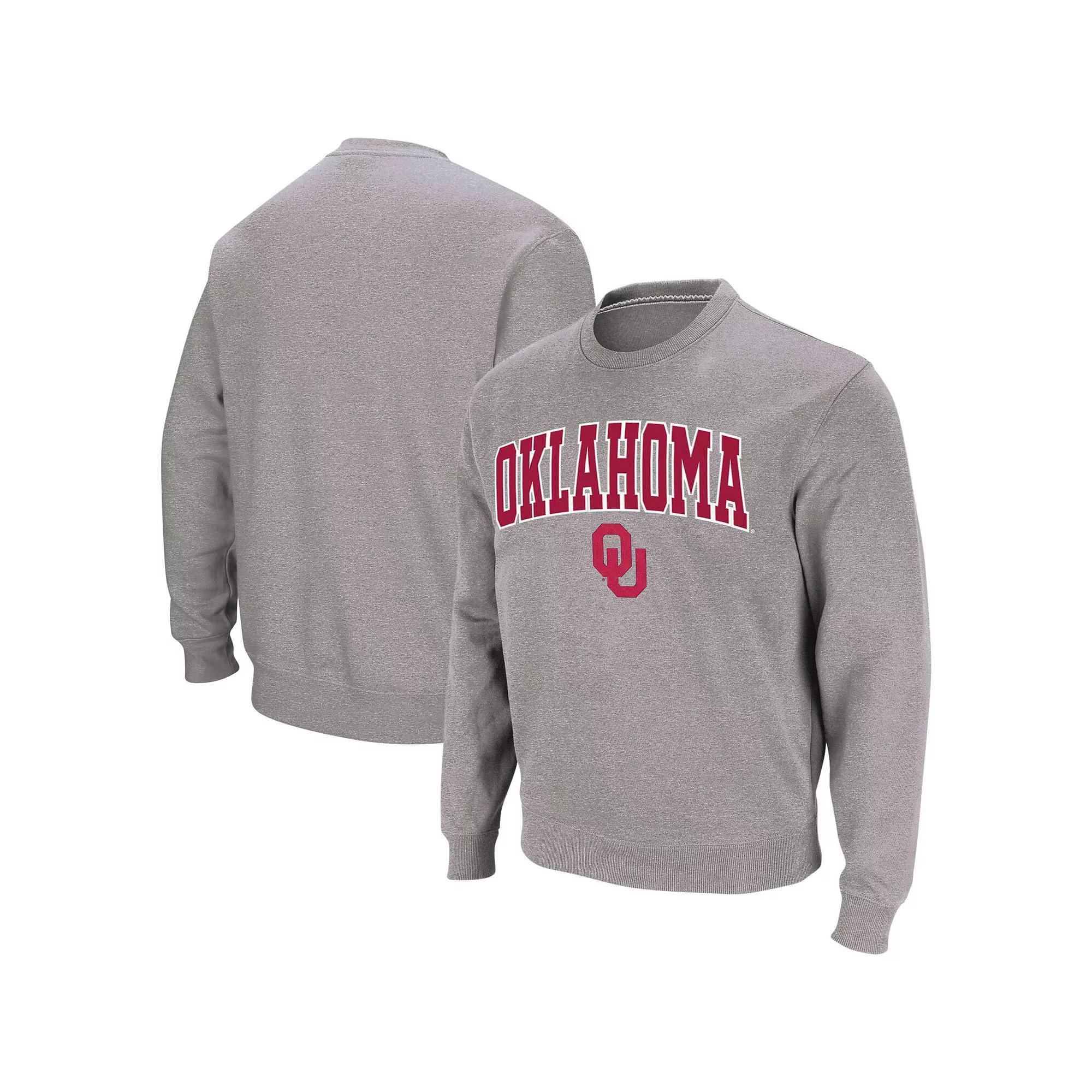 Men's Colosseum Heather Gray Oklahoma Sooners Arch & Logo Crew Neck Sweatshirt,  Product Image
