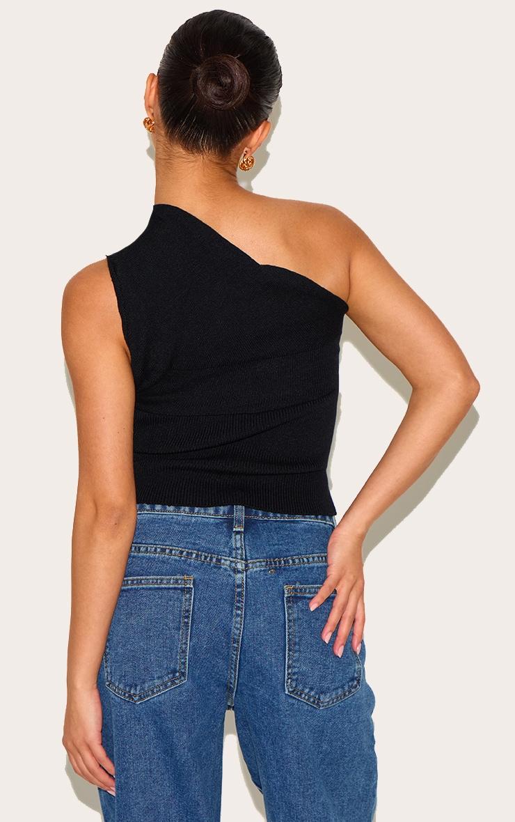 Petite Black Knitted One Shoulder Bow Top Product Image