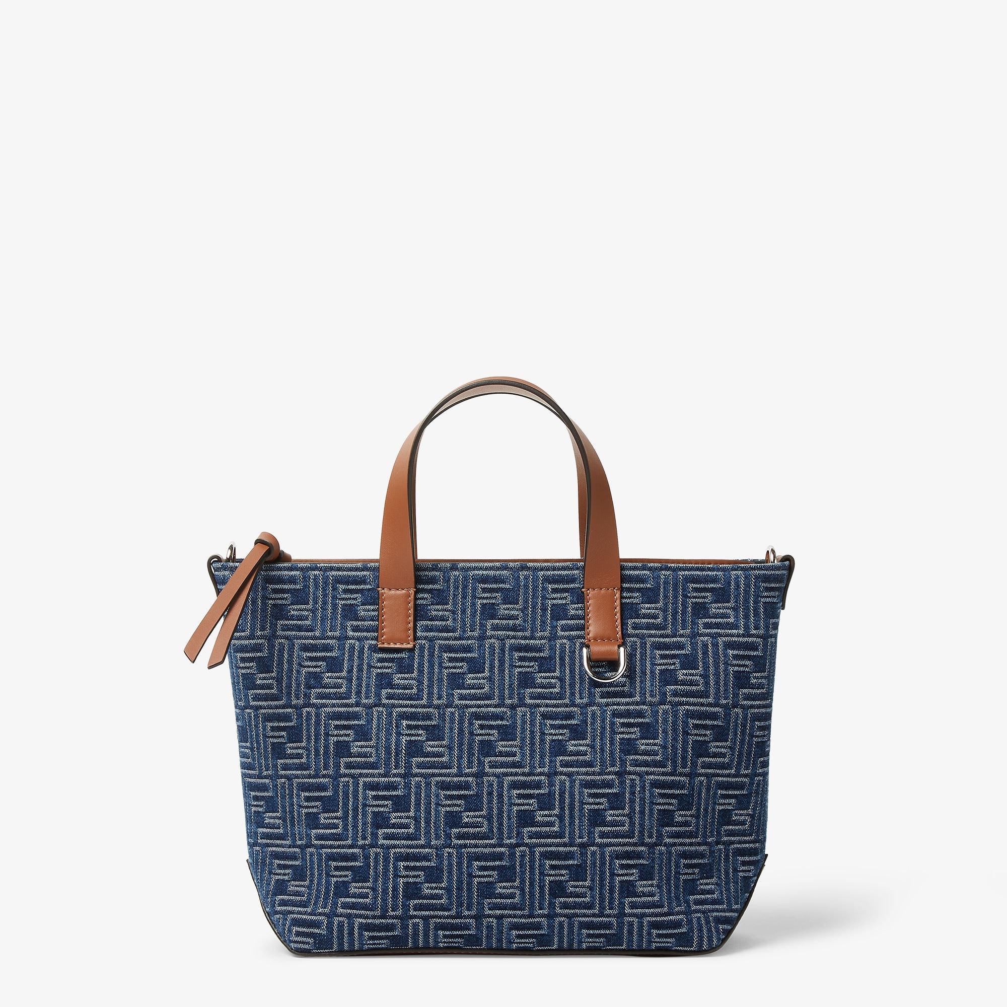 FF Shopping Bag SmallBlue denim-effect FF Jacquard and brown leather bag Product Image