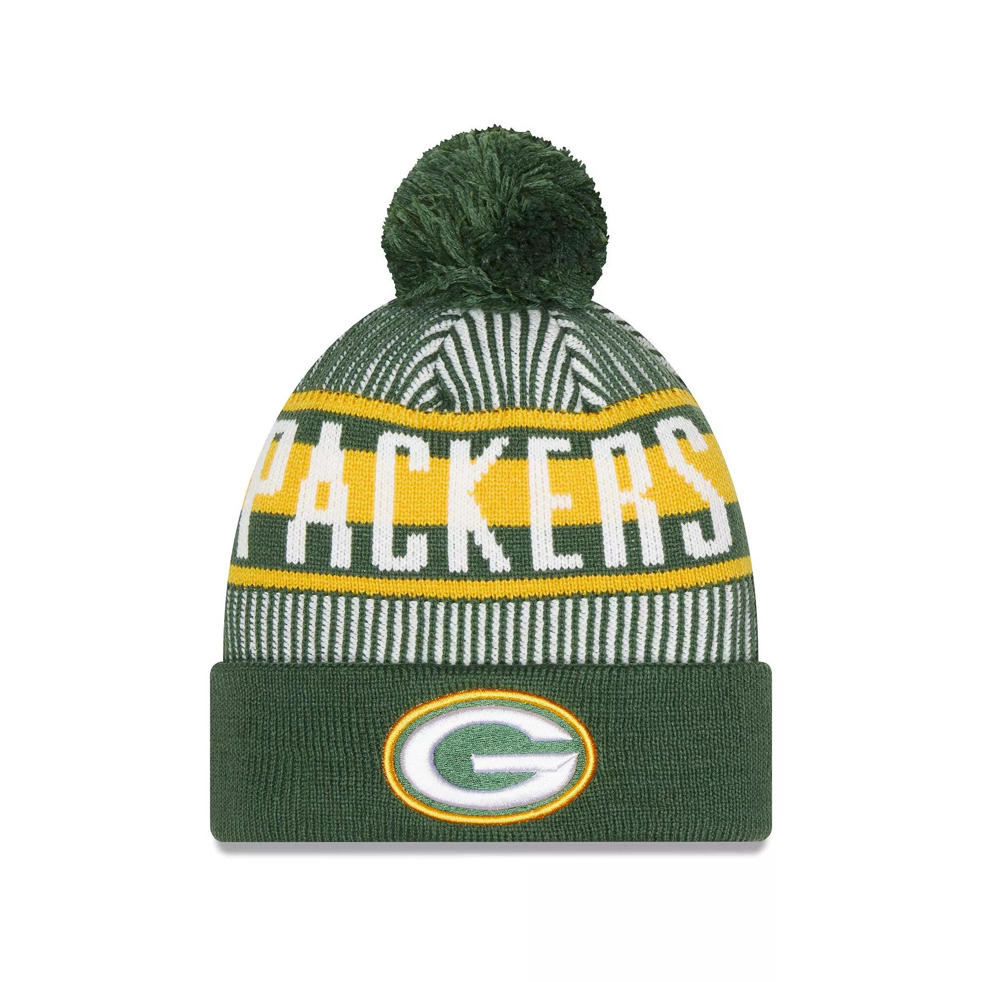 Men's New Era Green Green Bay Packers Striped Cuffed Knit Hat with Pom Product Image