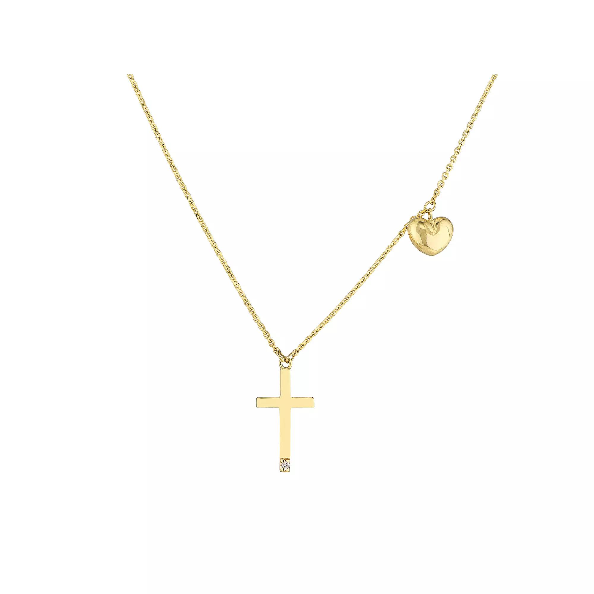 14k Gold Diamond Accent Puffed Heart Cross Adjustable Necklace, Women's, Size: 18" Product Image