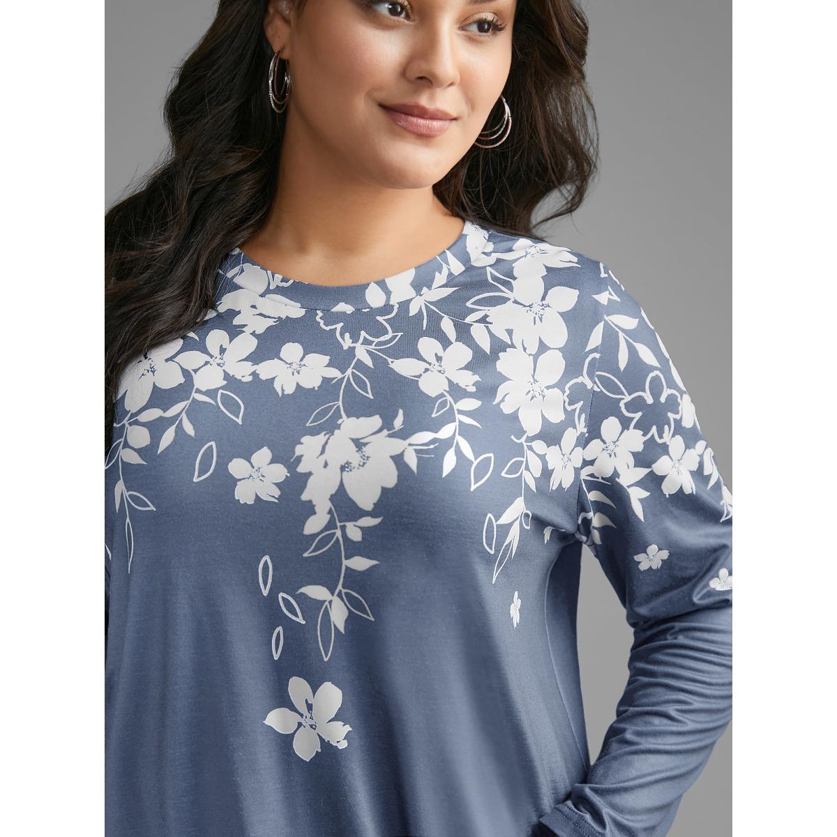 Plus Size Round Neck Boho Print T-Shirt Stone Women Casual Contrast Natural Flowers Round Neck Everyday T-shirts BloomChic 14-16/1X Product Image