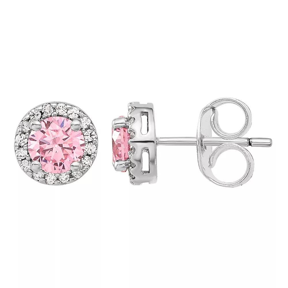 Diamonore Sterling Silver Pink & White Cubic Zirconia Halo Stud Earrings, Women's Product Image