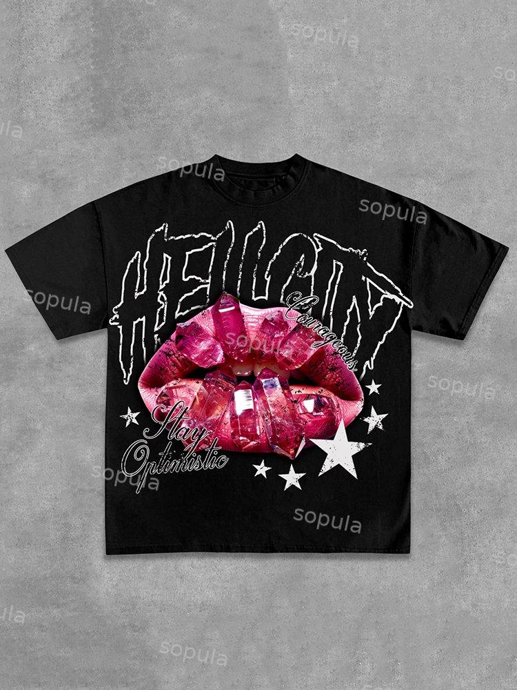 Hellcity - New Print Pattern Design - Red Lips Cotton T-Shirt Product Image