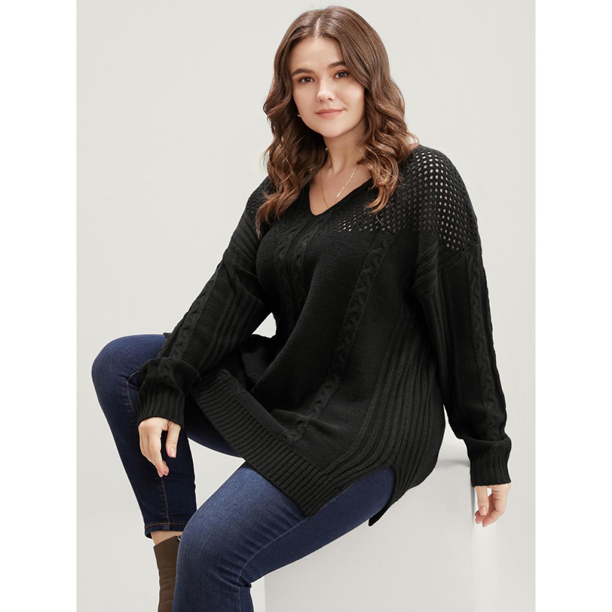 Plus Size Solid Pointelle Knit Cut Out Split Hem Cable Knit Top Black Women Casual Loose Long Sleeve V-neck Dailywear Pullovers BloomChic 28/5X Product Image